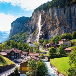 Spectacular view of Lauterbrunnen valley on a bright sunny day, Switzerland